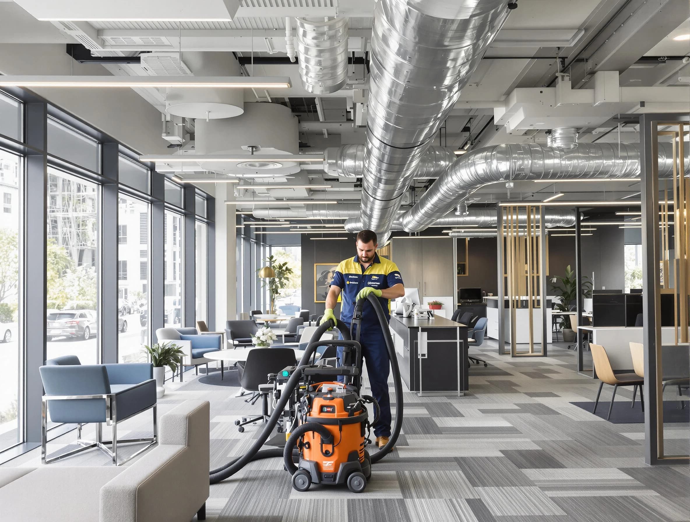 Harrisville Air Duct Cleaning team performing thorough commercial duct cleaning at a Harrisville business center