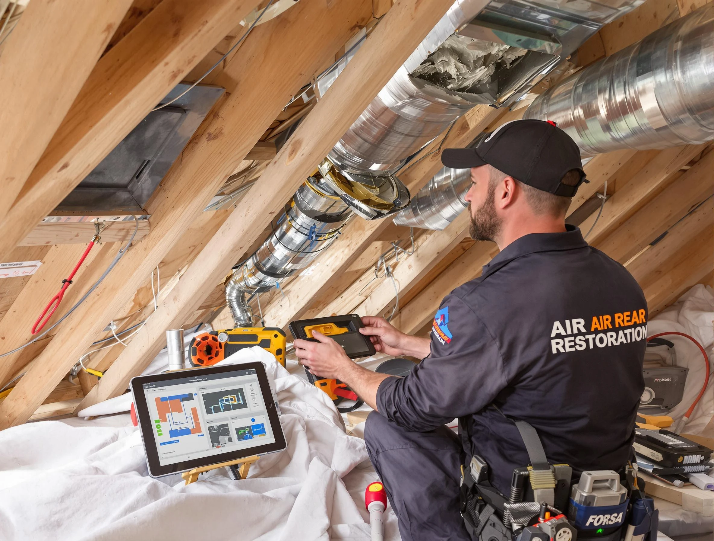 Harrisville Air Duct Cleaning technician performing precise duct repair work in Harrisville