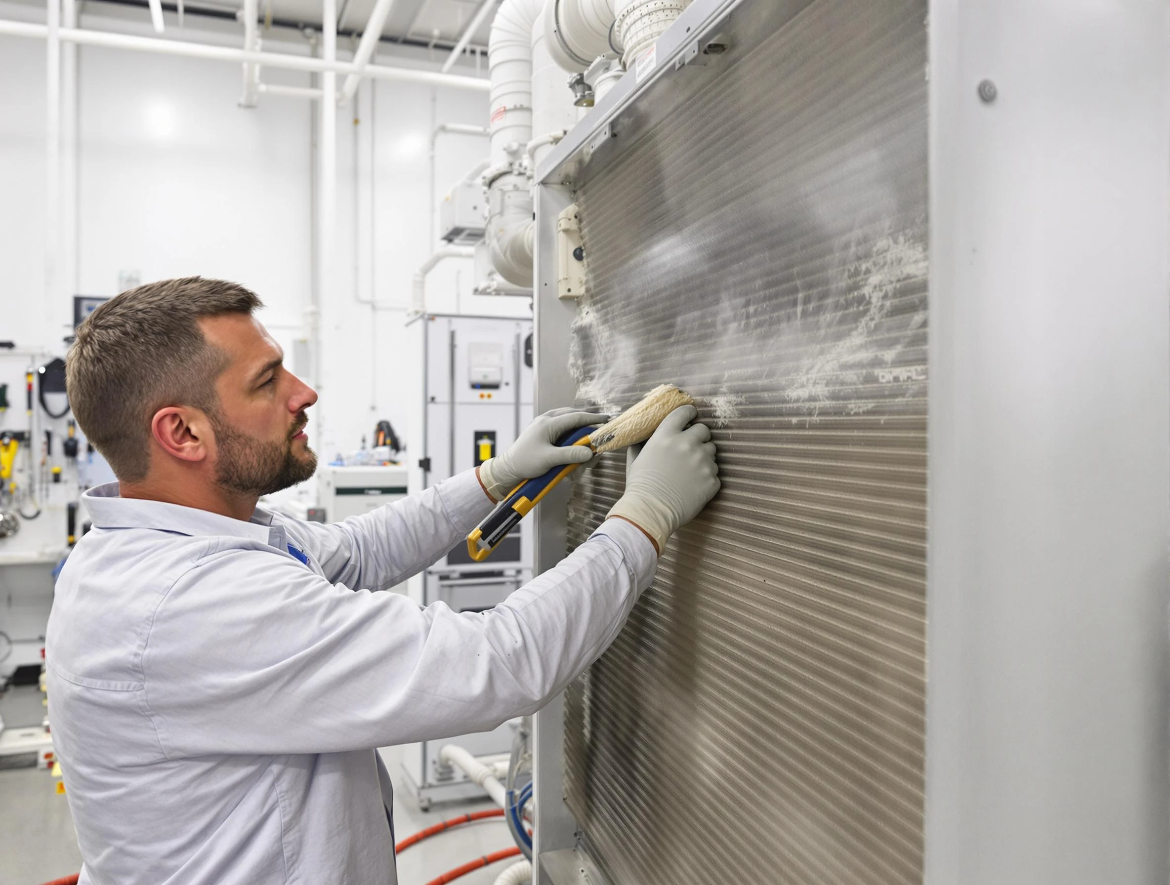 Harrisville Air Duct Cleaning technician performing precision commercial coil cleaning at a Harrisville business