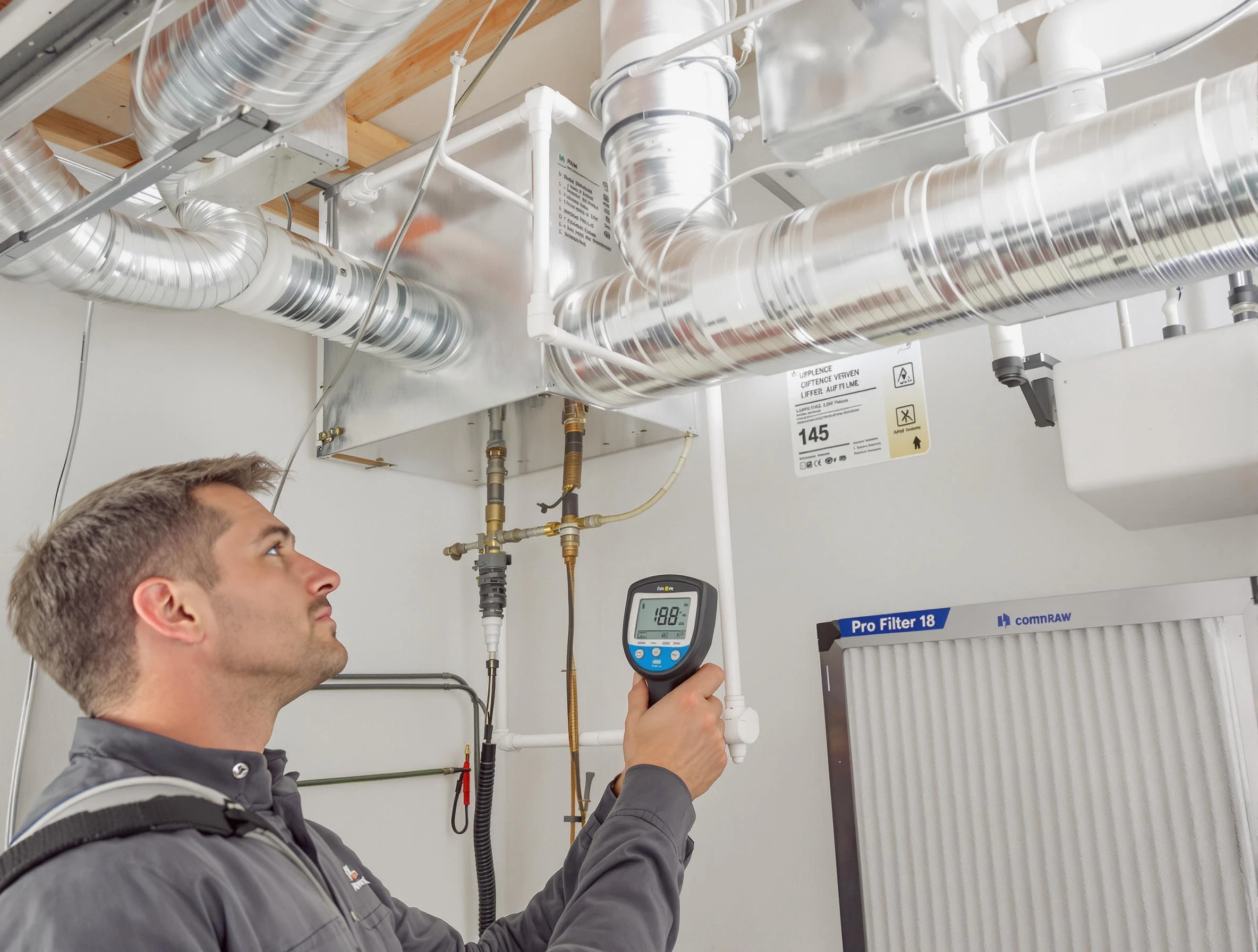 Harrisville Air Duct Cleaning expert conducting detailed filter system inspection using diagnostic tools in Harrisville