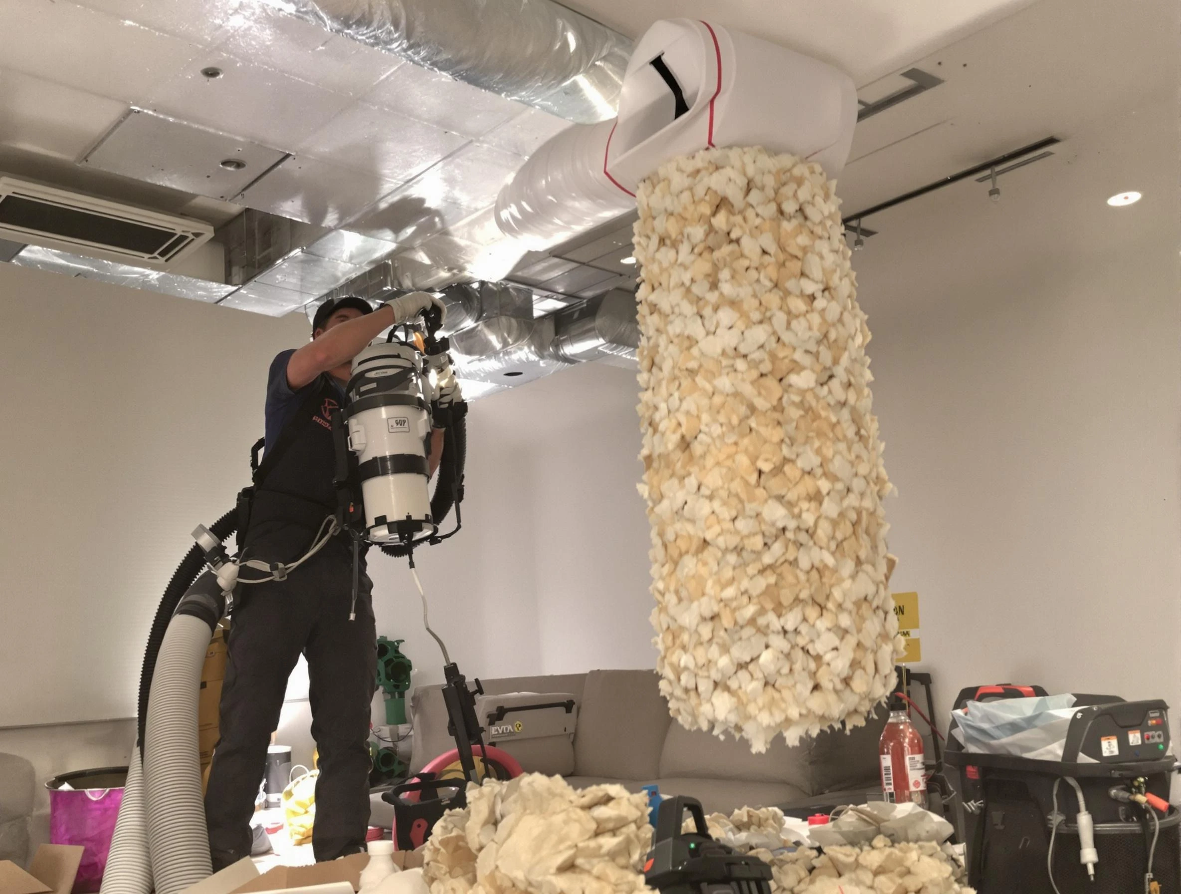 Harrisville Air Duct Cleaning technician performing precision vacuum insulation removal in a residential property in Harrisville